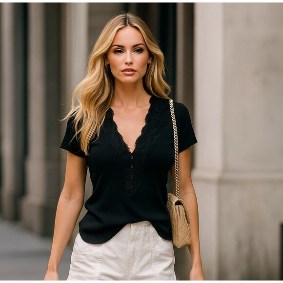 AUGUST SILK VIntage 90s Y2K  Black V-neck Lace Top Fairy Festival  whimsigoth XL - Picture 1 of 10